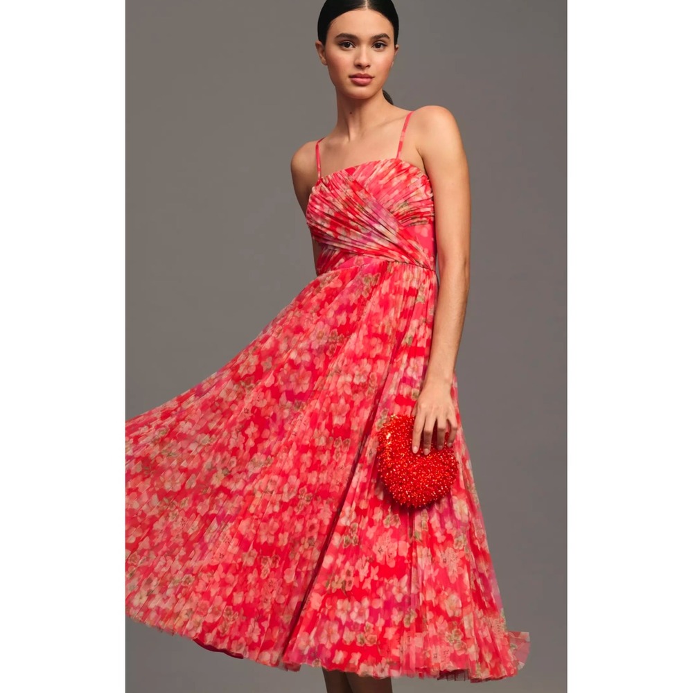 Hutch Quinn Sleeveless Midi Dress Women 16W Pink Red Pleated Romantic